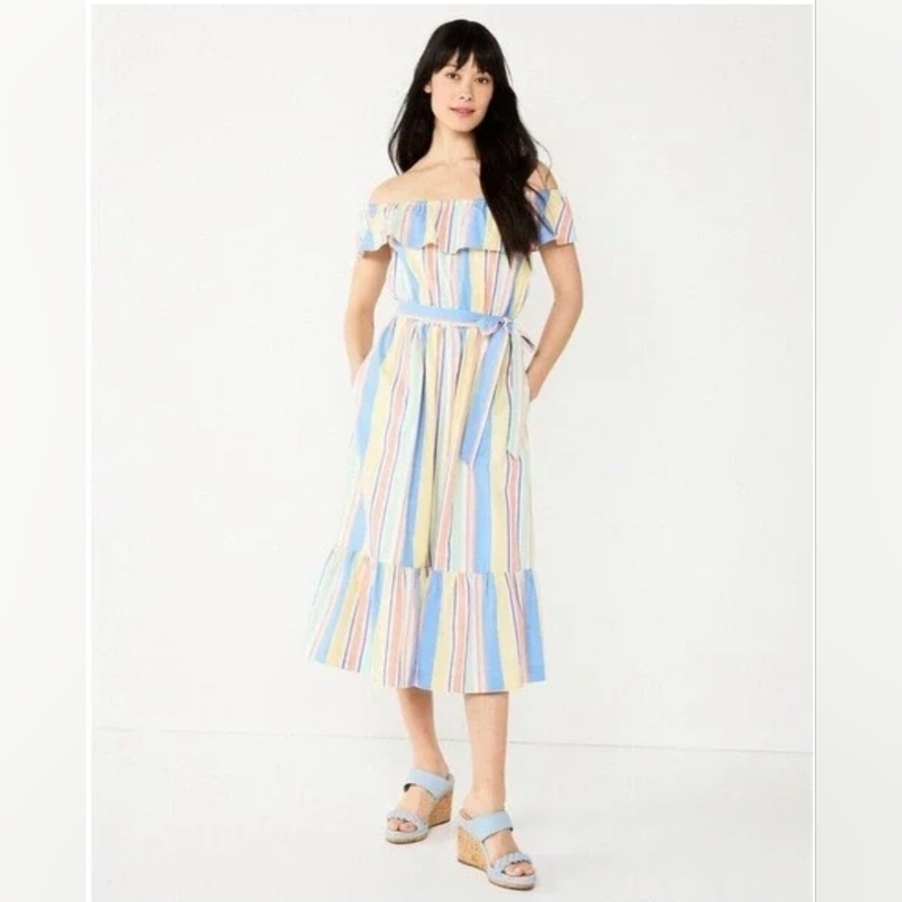 Draper James RSVP Off Shoulder Ruffle Sleeve Striped Midi Dress Cotton Women's L